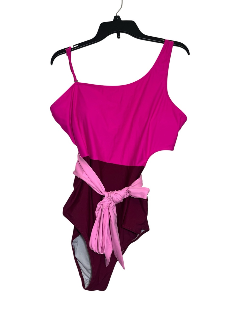 One-Shoulder Colorblock One-Piece Swimsuit in Hot Pink & Burgundy - Women Swim - Picture 2 of 4